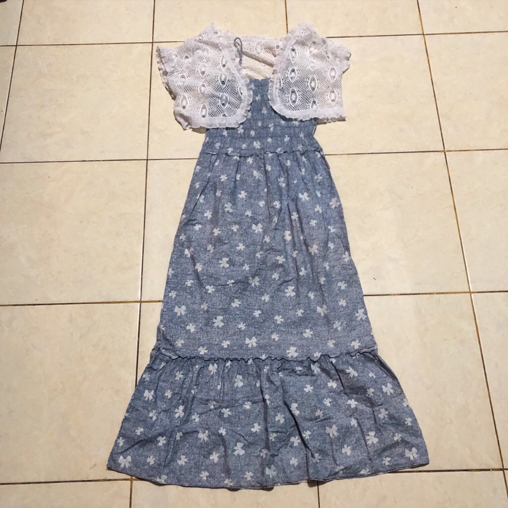One set dress biru dan cardigan coquette kawaii ribbon pita bow bolero putih