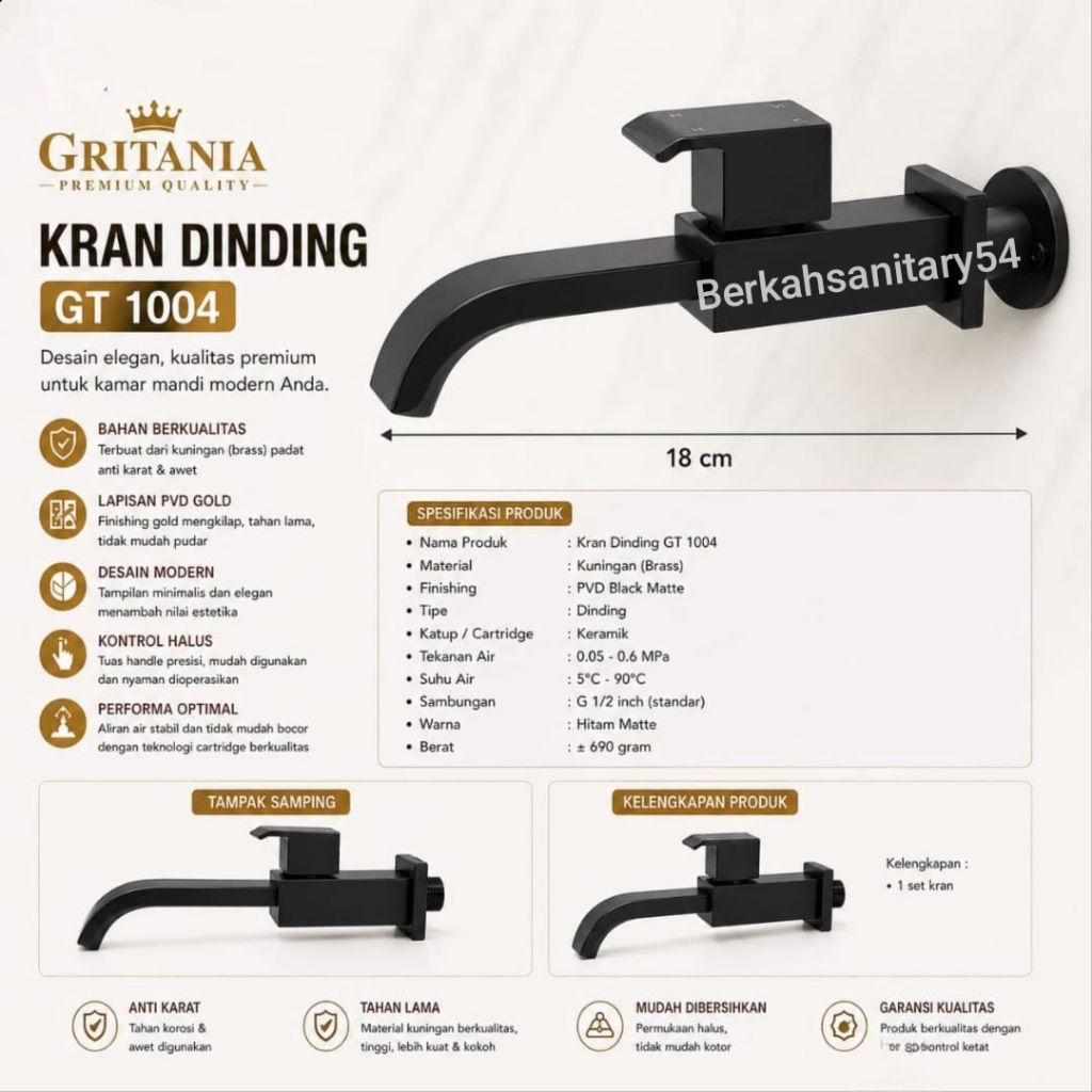 GRITANIA Kran Wastafel Dinding Hitam Kuningan Tebal/Kran Dinding