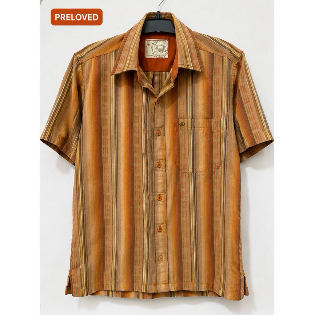 Kemeja Pria Watchout Vintage Stripe Cokelat Orange Size M Katun Lengan Pendek Preloved Bagus
