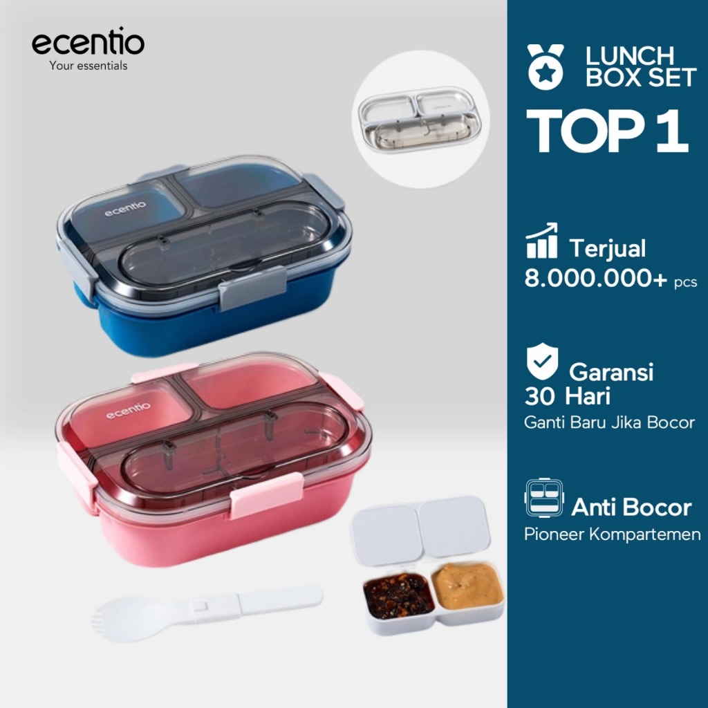 ecentio lunch box 2.0 anti tumpah 1100ml 3 gird anti tumpah BPA tidak campur Bau wanita muda kantor 