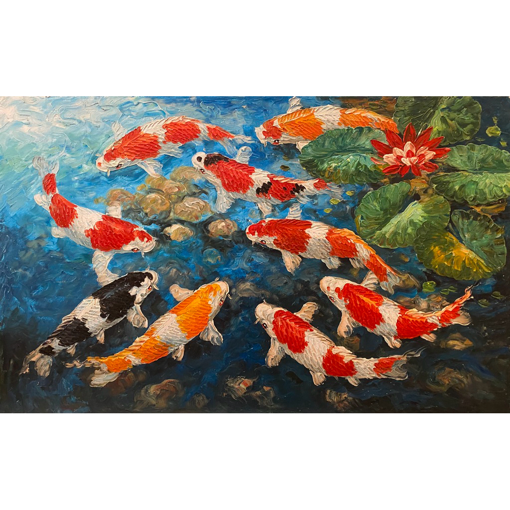 Lukisan Ikan Koi, Ikan Koi bertekstur, lukisan canvas asli buatan tangan