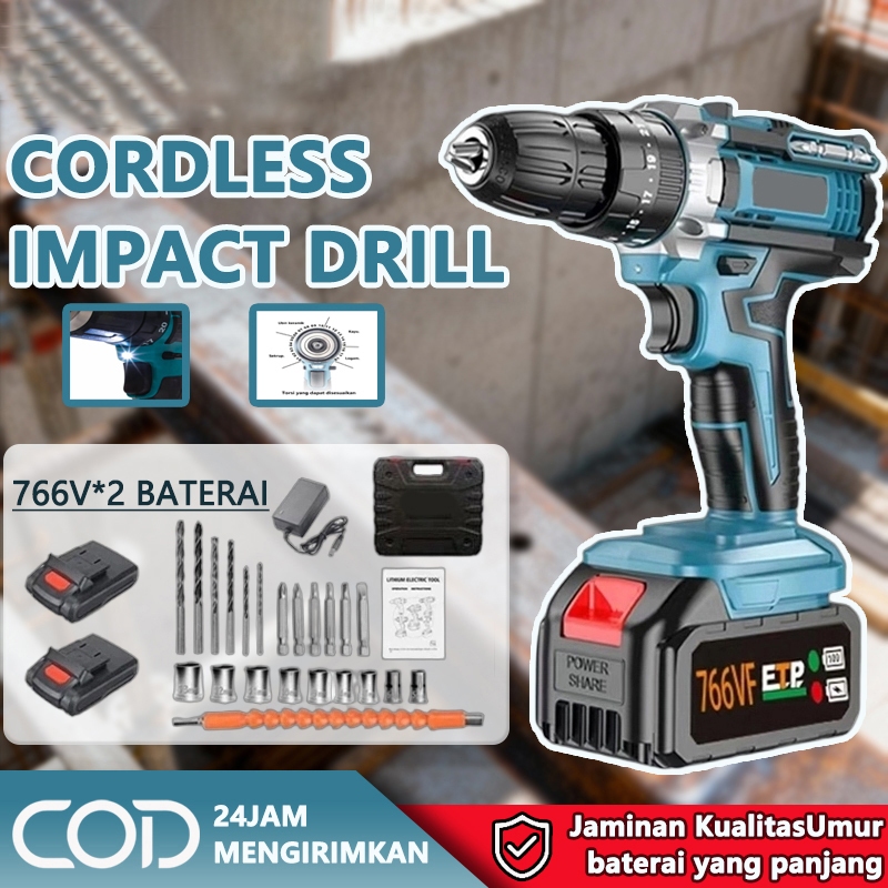 Mesin Bor Cordless 766V Mesin bor 2baterai Bor Listrik Cordless Drill bor Beton Besi Kayu Baterai Ta