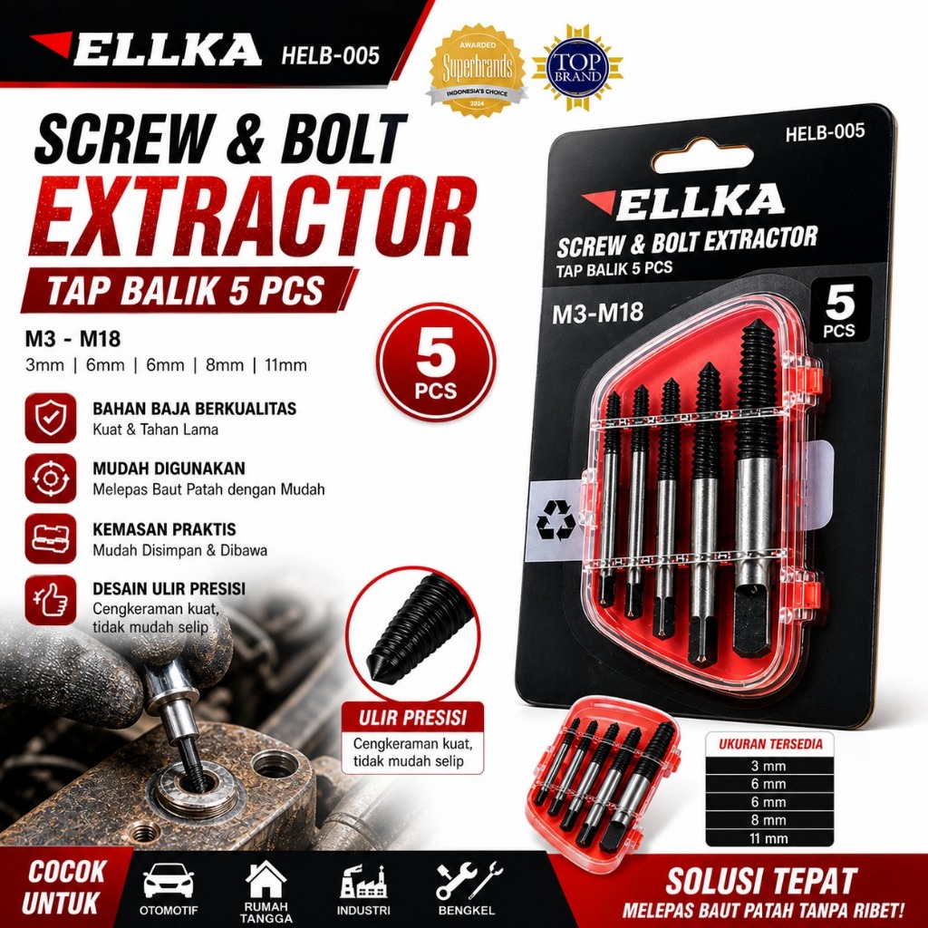HAND TAP ULIR BALIK DRAT KIRI BAUT ELLKA PATAH SCREW EXTRACTORS SET TEKIRO
