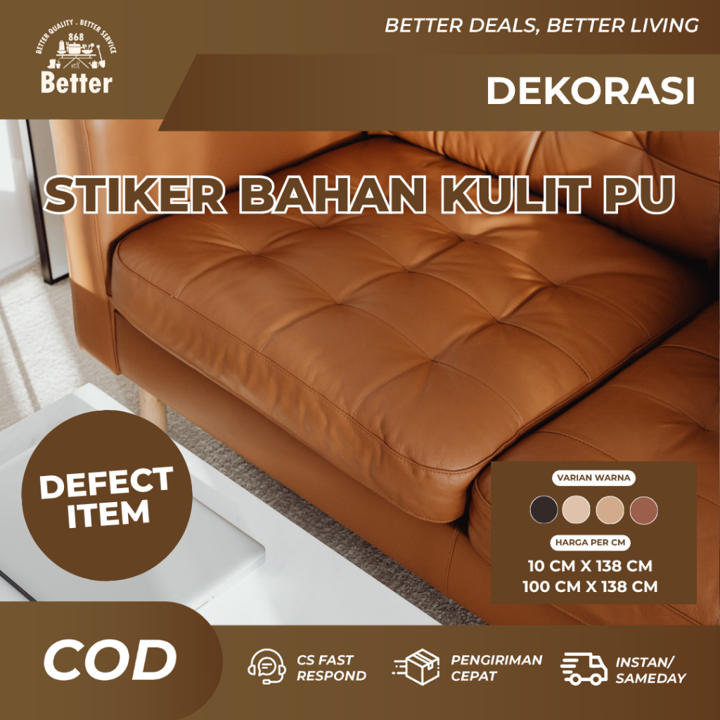 DEFECT Stiker Pelapis Kulit PU Per 10cm Untuk Sofa Jok Mobil Motor Dengan Perekat Kuat dan Tahan Lam