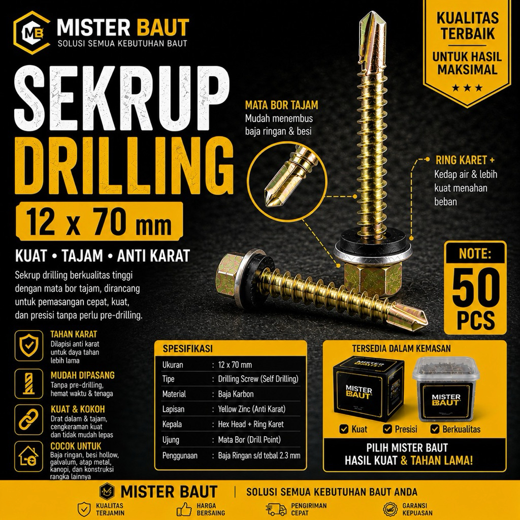 (50 PCS) Sekrup Roofing Kuning #12x70/ Hex Flange Self Drilling Screw  / Baut Baja Ringan 7CM