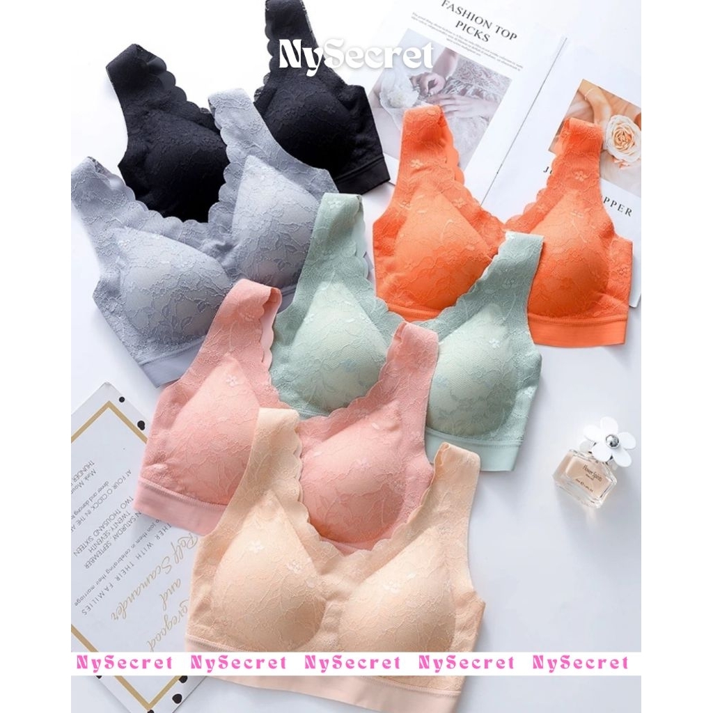 NySecret Seamless Bra wanita lembut nyaman dipakai motif Bunga, bahan Latex Renda halus Tanpa Jahita