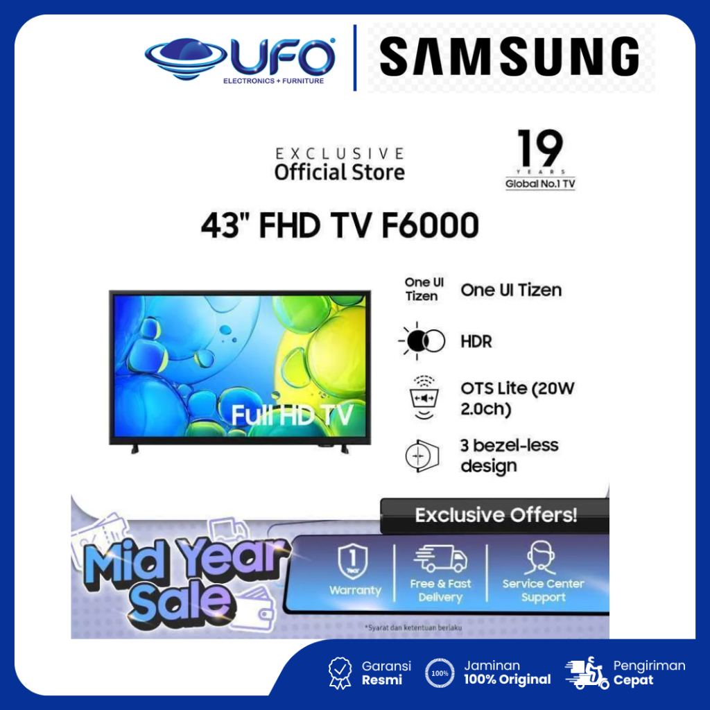 Samsung TV UA43F6000FKXXD Led Smart 43" FHD HDR OTS Lite One UI Tizen