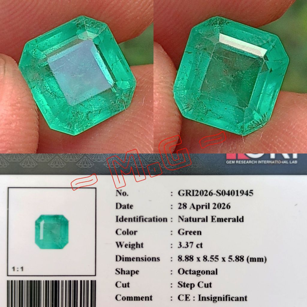 NATURAL EMERALD BERYL INSIGNIFICANT CUTTING OCTAGONAL 3.37 CARAT GOOD COLOR KOLEKTOR ITEM MEMO GRI L