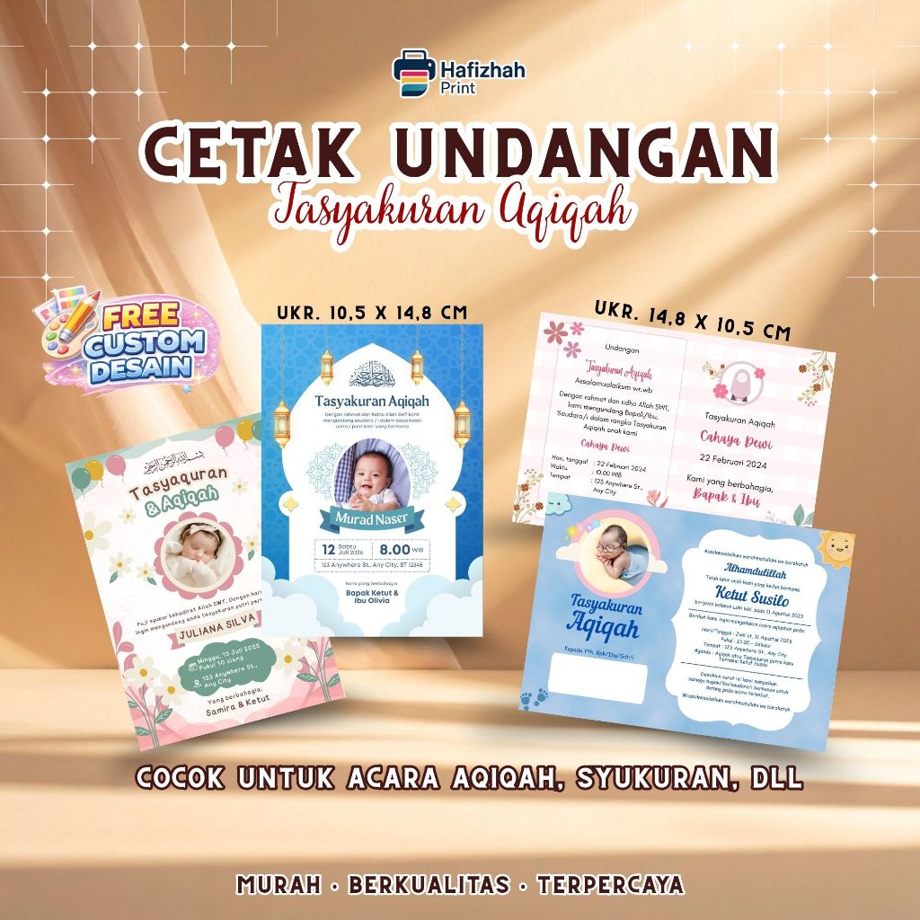 Cetak Undangan Tasyakuran Aqiqah Custom | Undangan Aqiqah Aesthetic | Paper Glossy | Free Desain | H
