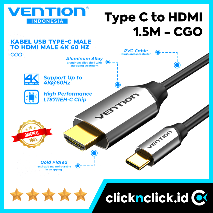 VENTION CGO Kabel USB Type C to HDMI Male 1,5M Meter - HDCP 2.2 HDTV 4K 60Hz UHD Ultra HD Tipe C Cab