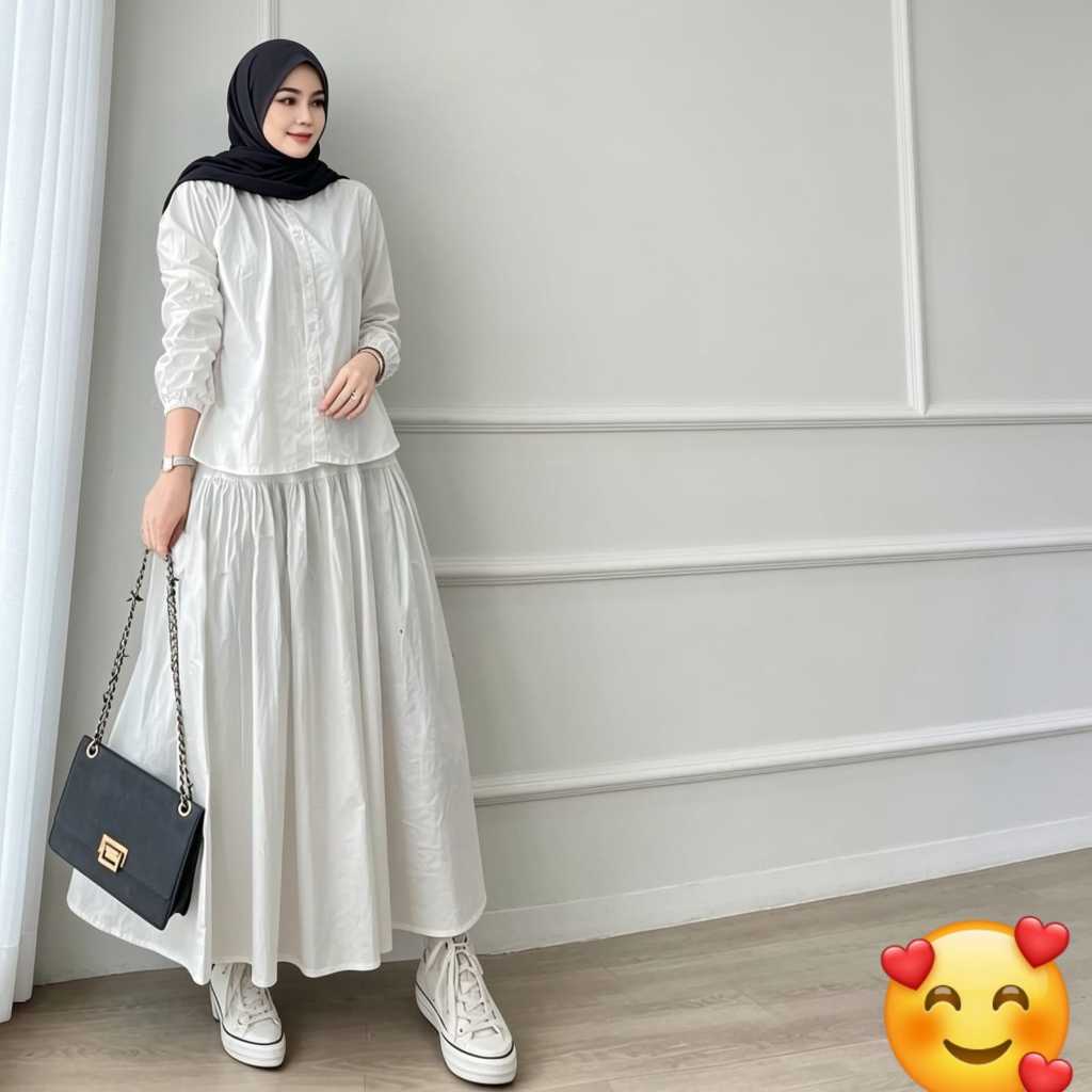 Setelan Rok Payung Bahan Katun Bangkok Premium  Set Atasan Kancing Depan Rok Lebar Muslimah Modern