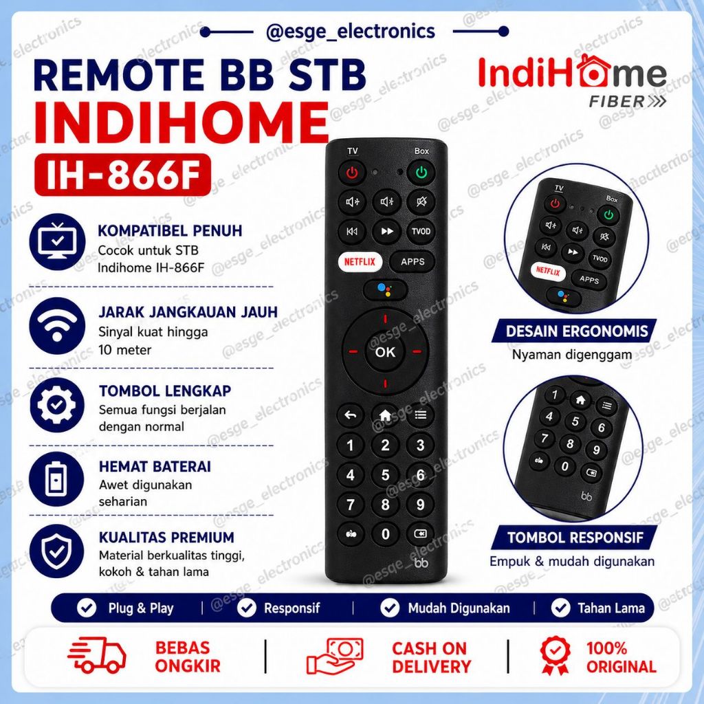ORIGINAL REMOTE STB INDIHOME BB IH-B866F REMOTE BB STB INDIHOME NETFLIX APPS