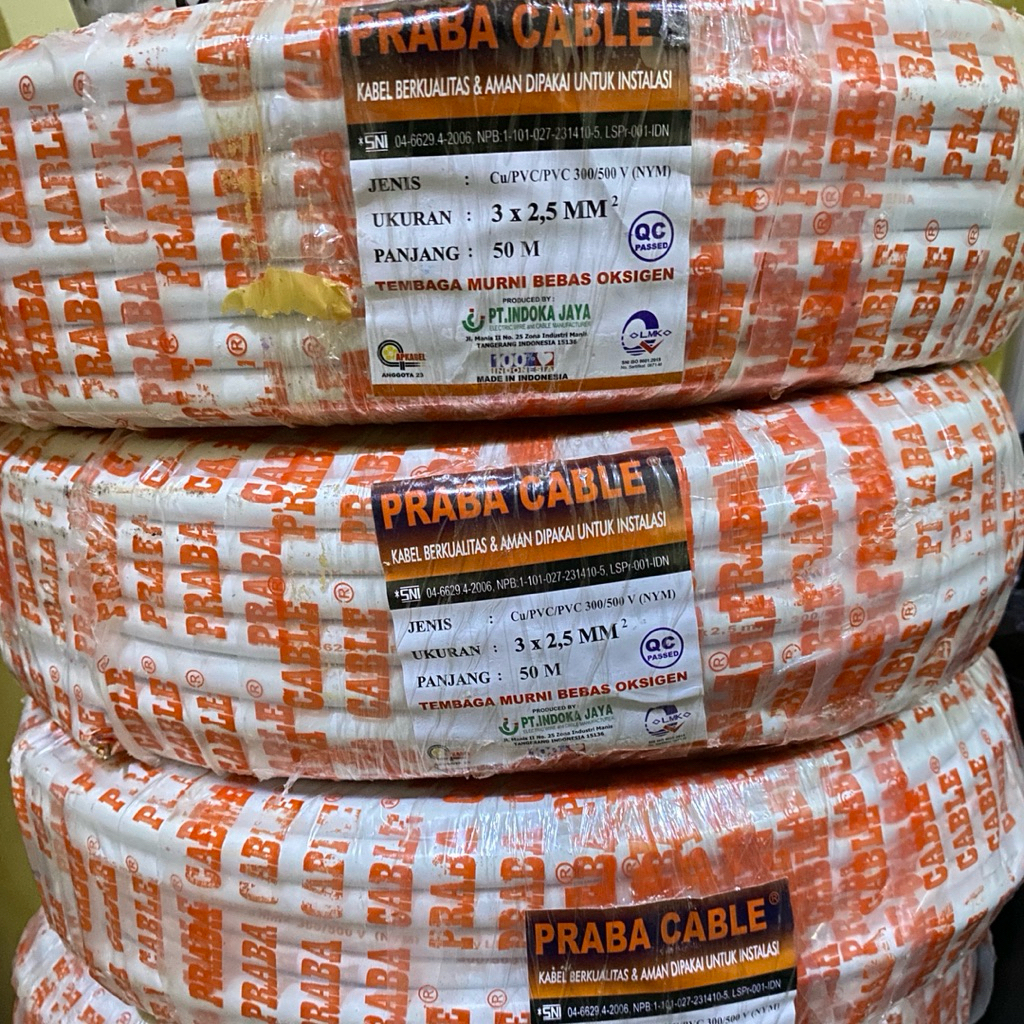 Kabel Listrik NYM 3x2,5 mm Tembaga Praba 50 100 Meter SNI LMK