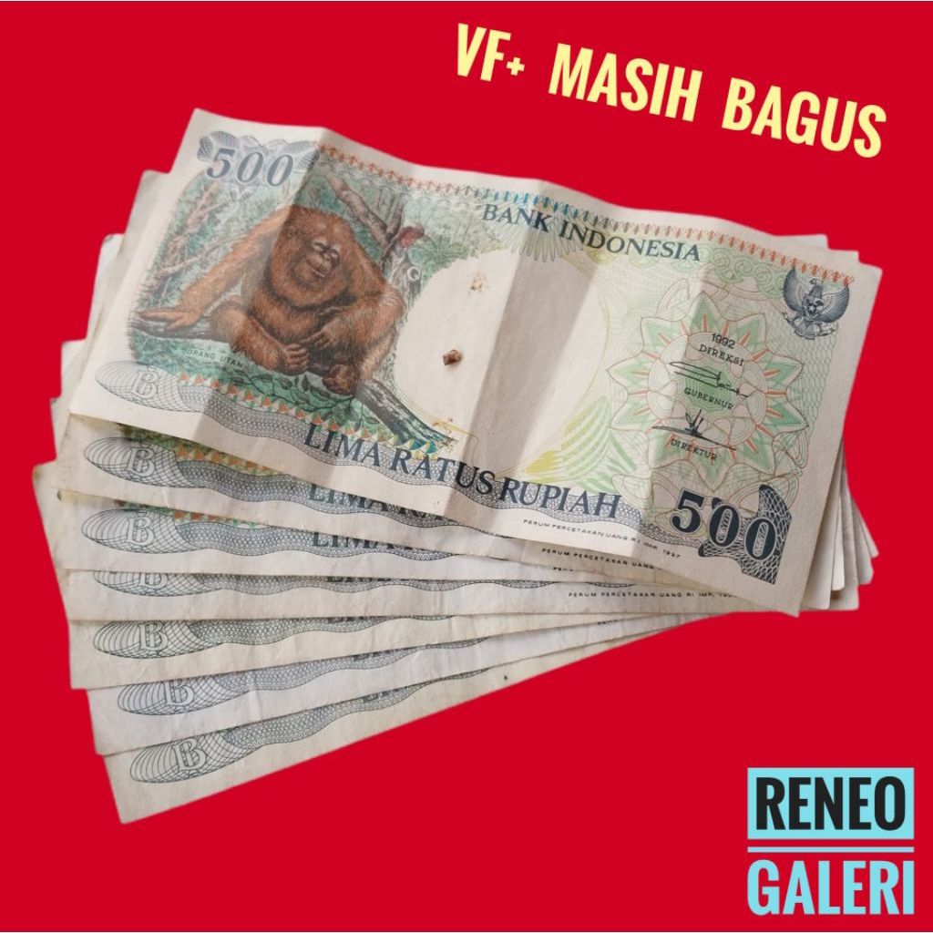 VF+ Asli 500 rupiah Otan orang utan tahun 1992 Rp uang kertas kuno duit lama Indonesia monyet duduk