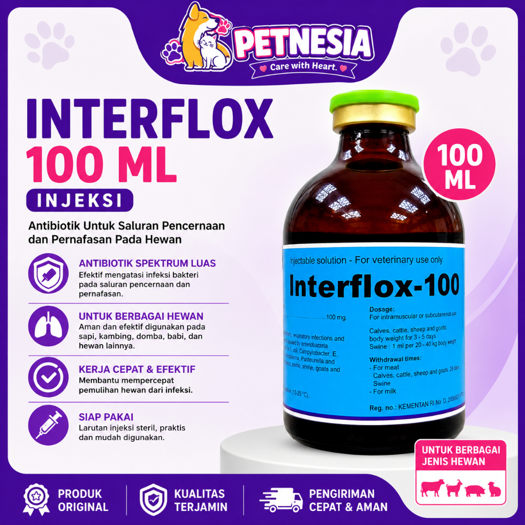 INTERFLOX 100 ML INJEKSI - Antibiotik Untuk Saluran Pencernaan dan Pernafasan Pada Hewan