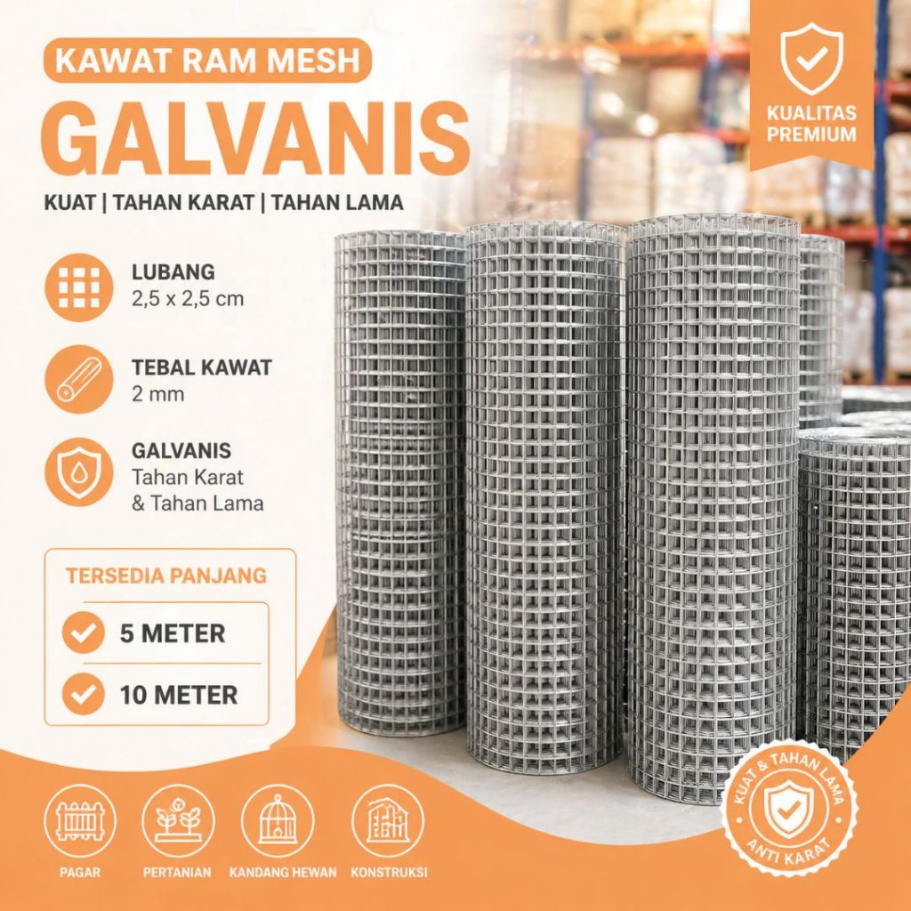 Kawat Ram Mesh Galvanis Roll Ketebalan 2 mm | Lubang 2,5 x 2,5 cm | Anti Karat | Panjang 5m & 10m