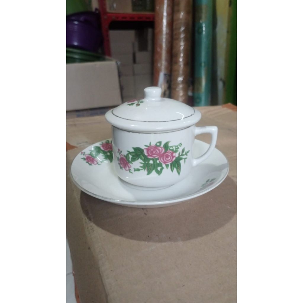 cangkir/gelas keramik jadul motif bunga cangkir+lepek+tutup