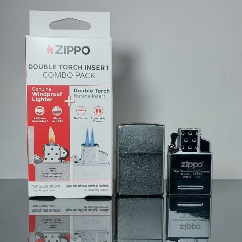 ZIPPO DOUBLE TORCH INSERT COMBO PACK ( ZIPPO STREET CHROME LENGKAP INSERT + INSERT BUTANE DOUBLE TOR