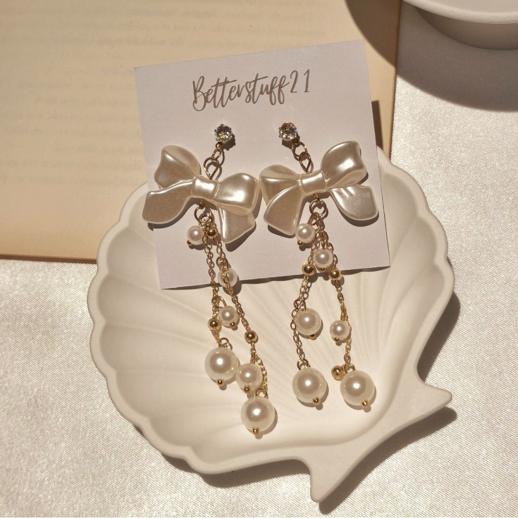 Betterstuff21 - Pearl Ribbon Earrings / Ear Stud / Simple Earrings / Anting Mutiara / Anting Simpel 