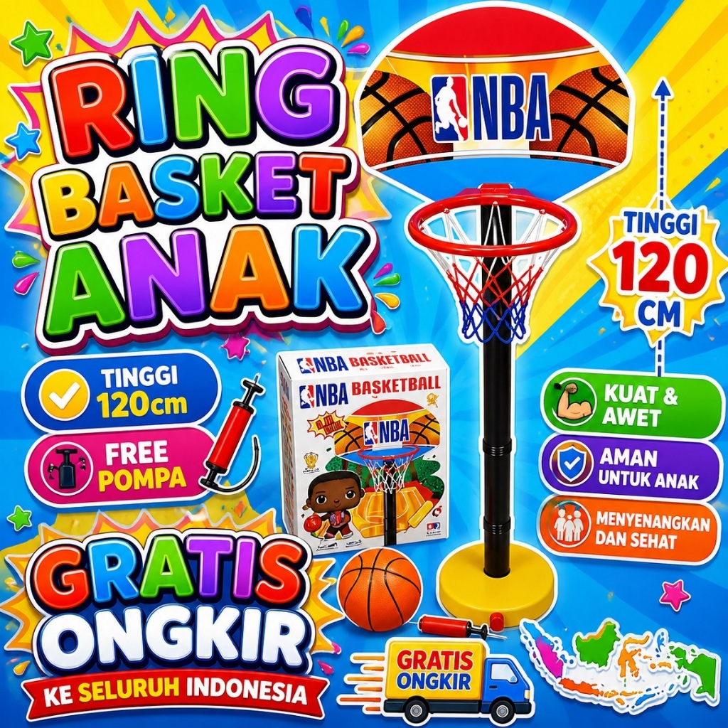 Mainan ring basket anak portable - Mainan ring basket tiang - Bola basket dan pompa