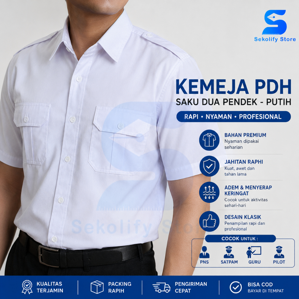 Kemeja PDH Putih Pria Lengan Panjang Pendek Seragam PNS Satpam Guru Pilot Formal SS31