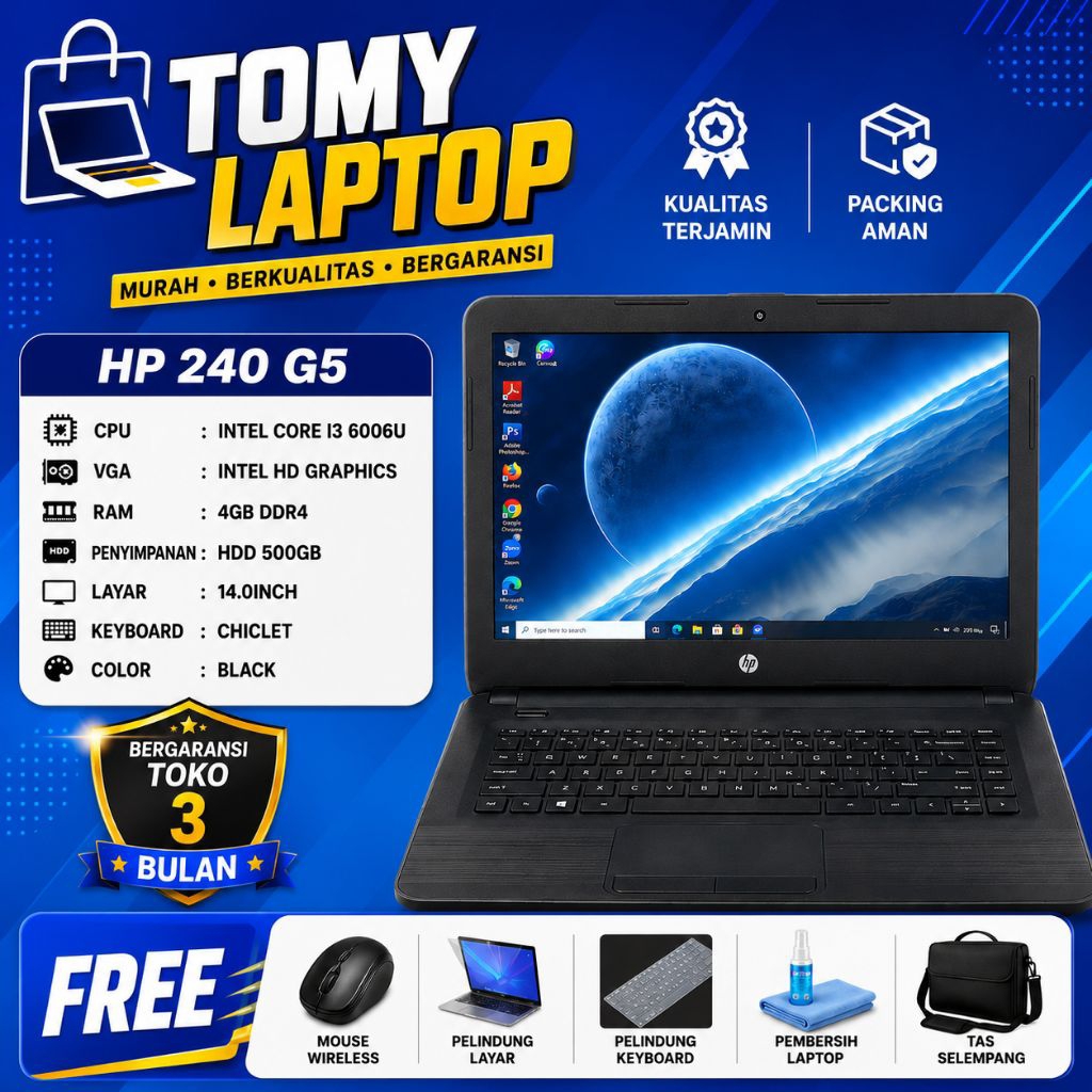 LAPTOP SECOND JAMINAN GARANSI TOKO HP 240 G5 INTEL CORE I3 6006U INTEL HD GRAPHICS RAM 4GB DDR4 HDD 