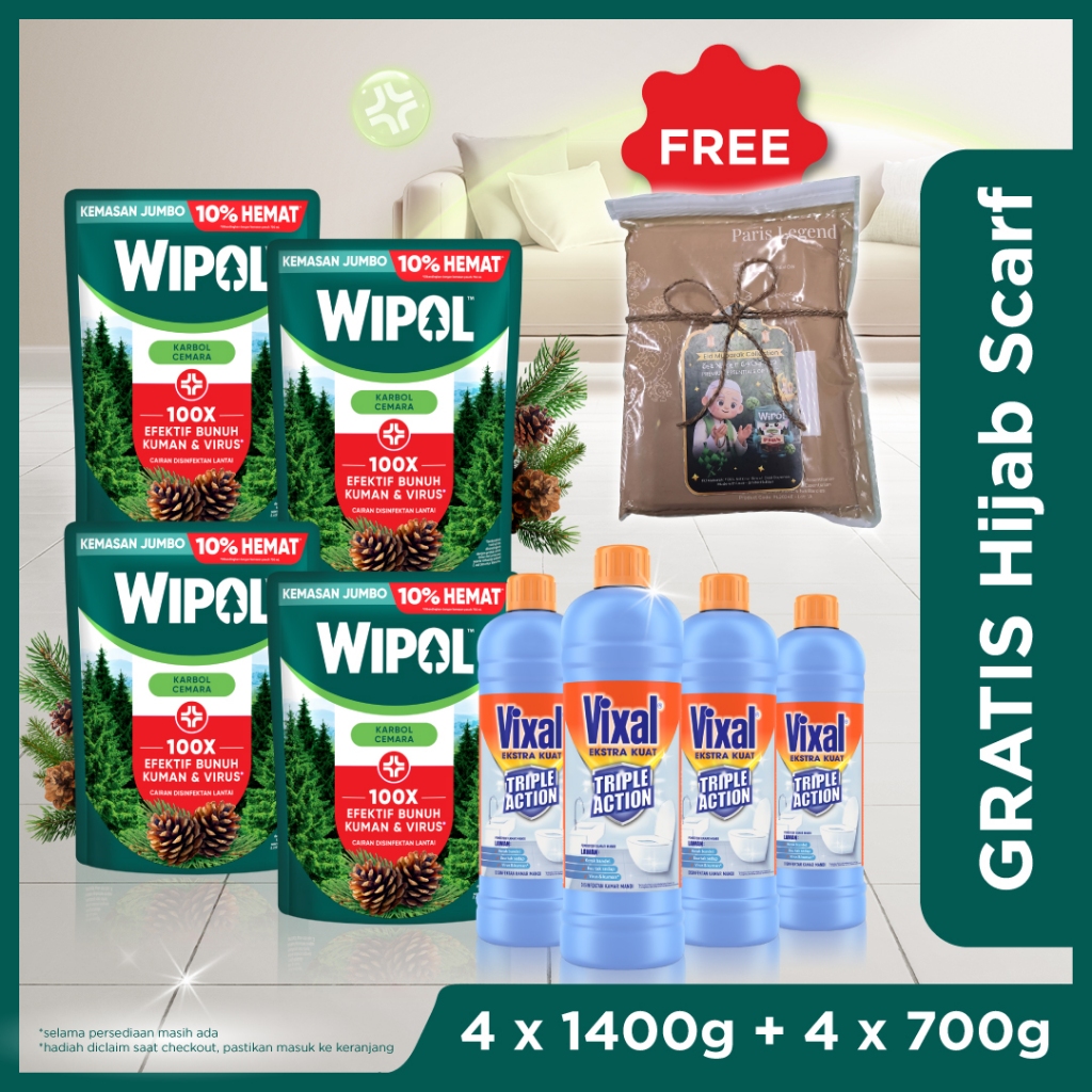 Beli 4 Wipol Karbol Lantai Cemara 1400g dan 4 Vixal Ekstra Kuat 700g GRATIS Hijab Paris Legend