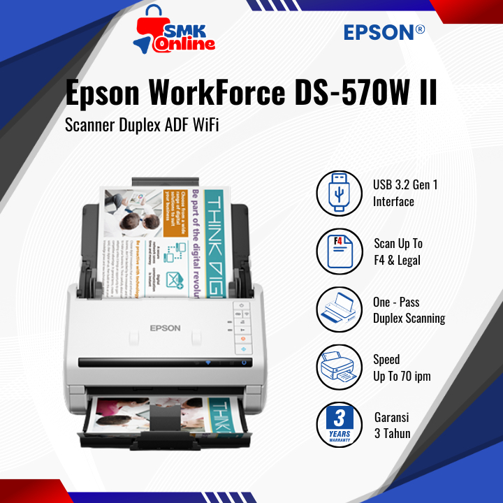 Scanner Epson WorkForce DS-570W II DS 570WII DS570WII DS 570 W II A4 F4 Legal Duplex ADF WiFi Wirele