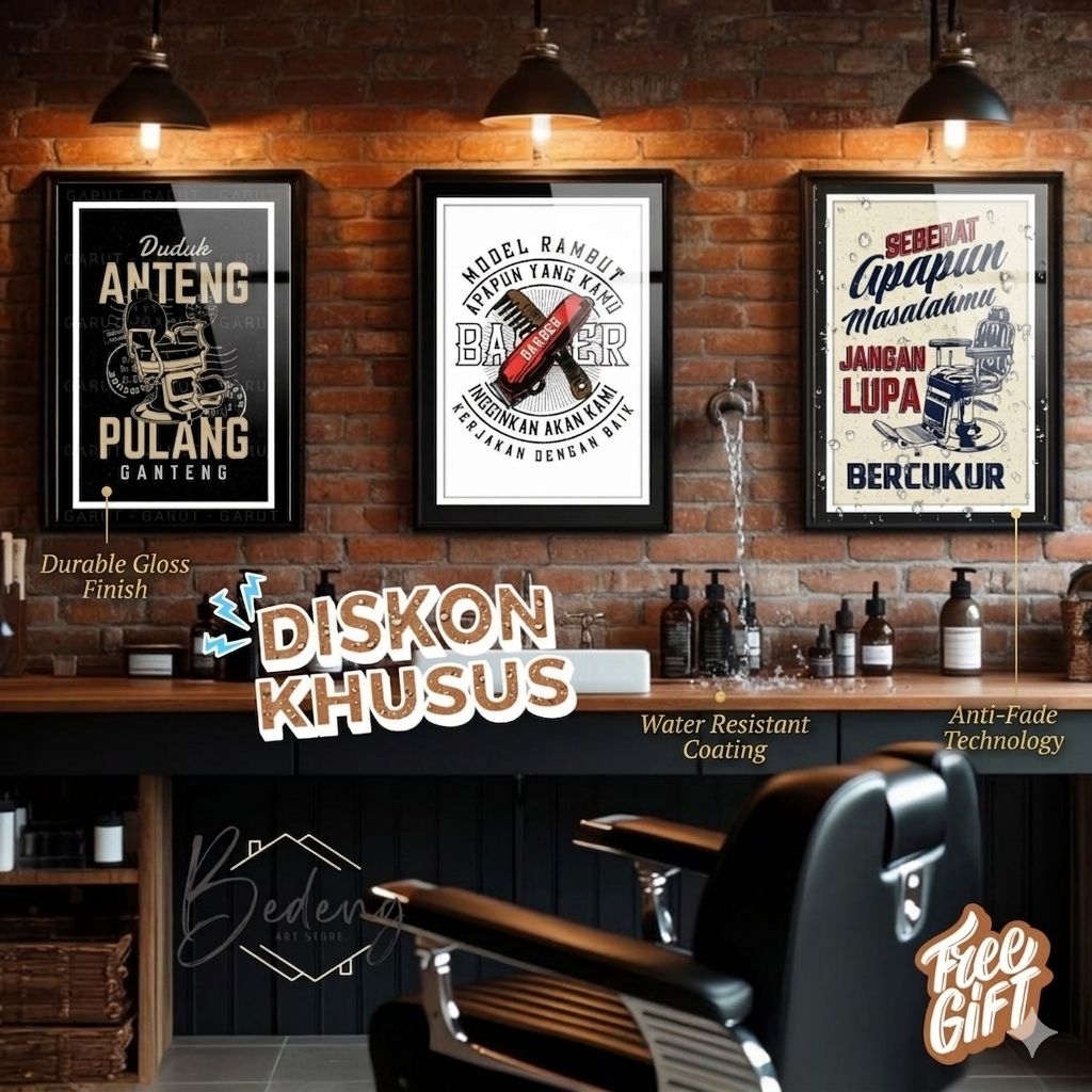 PAJANGAN - POSTER BARBERSHOP BINGKAI KAYU MDF HIASAN DINDING QUOTES KEREN PANGKAS RAMBUT FREE PEMASA