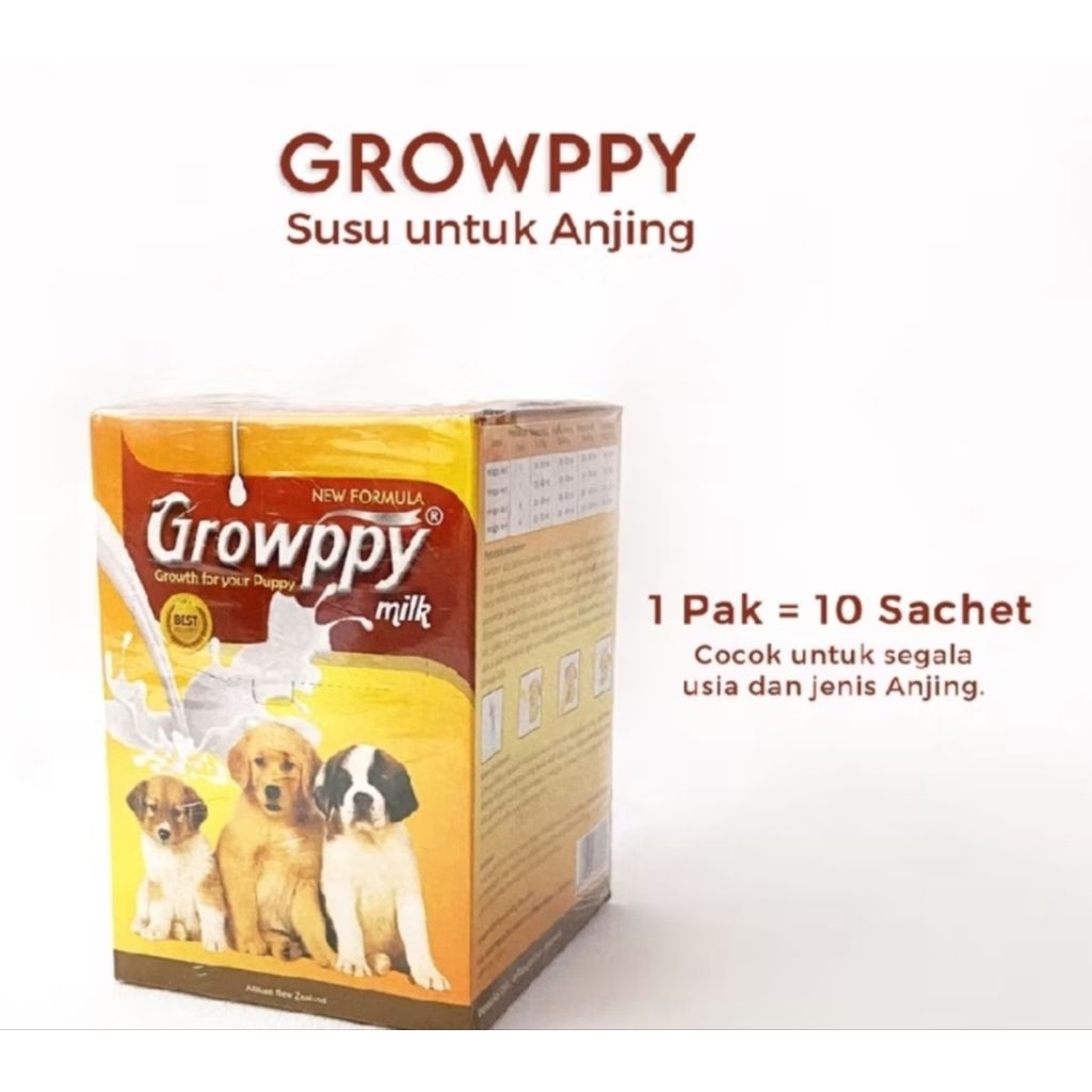 GROWPPY SUSU UNTUK ANJING (per kotak isi 10 pcs) susu bubuk untuk anjing