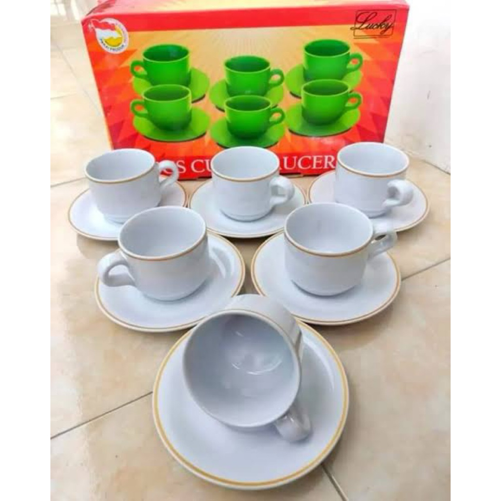 6 set cangkir keramik list emas#tea set#mug keramik#mug+lepek keramik# cangkir putih#cangkir hitam#m