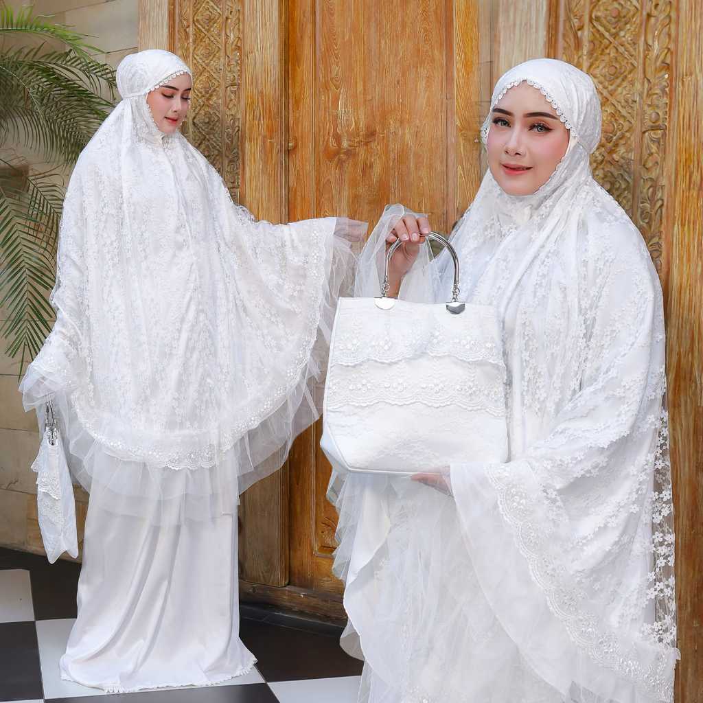 Mukena Luna Lace Bahan Sutra Silk Lace Brokat Renda Bordir Putih Hitam Jumbo