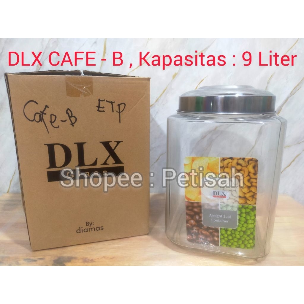 Toples Kaca Persegi DLX CAFE-B 9 Liter / Toples Kaca Petak Tutup Stainless 9 Liter / Toples Segi Ker