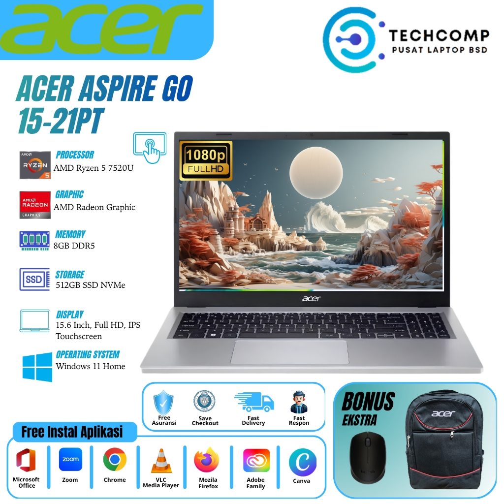 ACER ASPIRE GO 15-21PT AMD RYZEN 5 7520U 8GB DDR5 1TB SSD 15.6" FULL HD IPS TOUCH WIN 11 HOME
