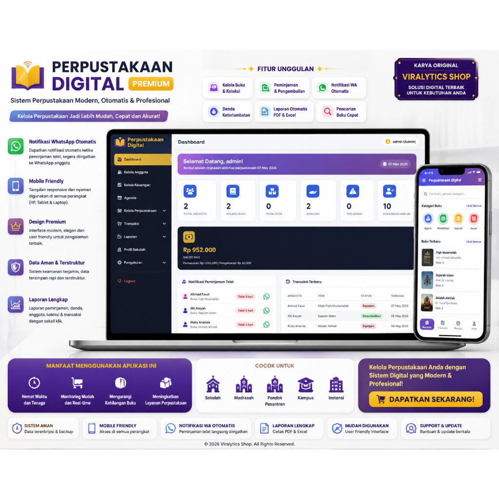 APLIKASI PERPUSTAKAAN DIGITAL PREMIUM – NOTIFIKASI WHATSAPP OTOMATIS | MOBILE FRIENDLY
