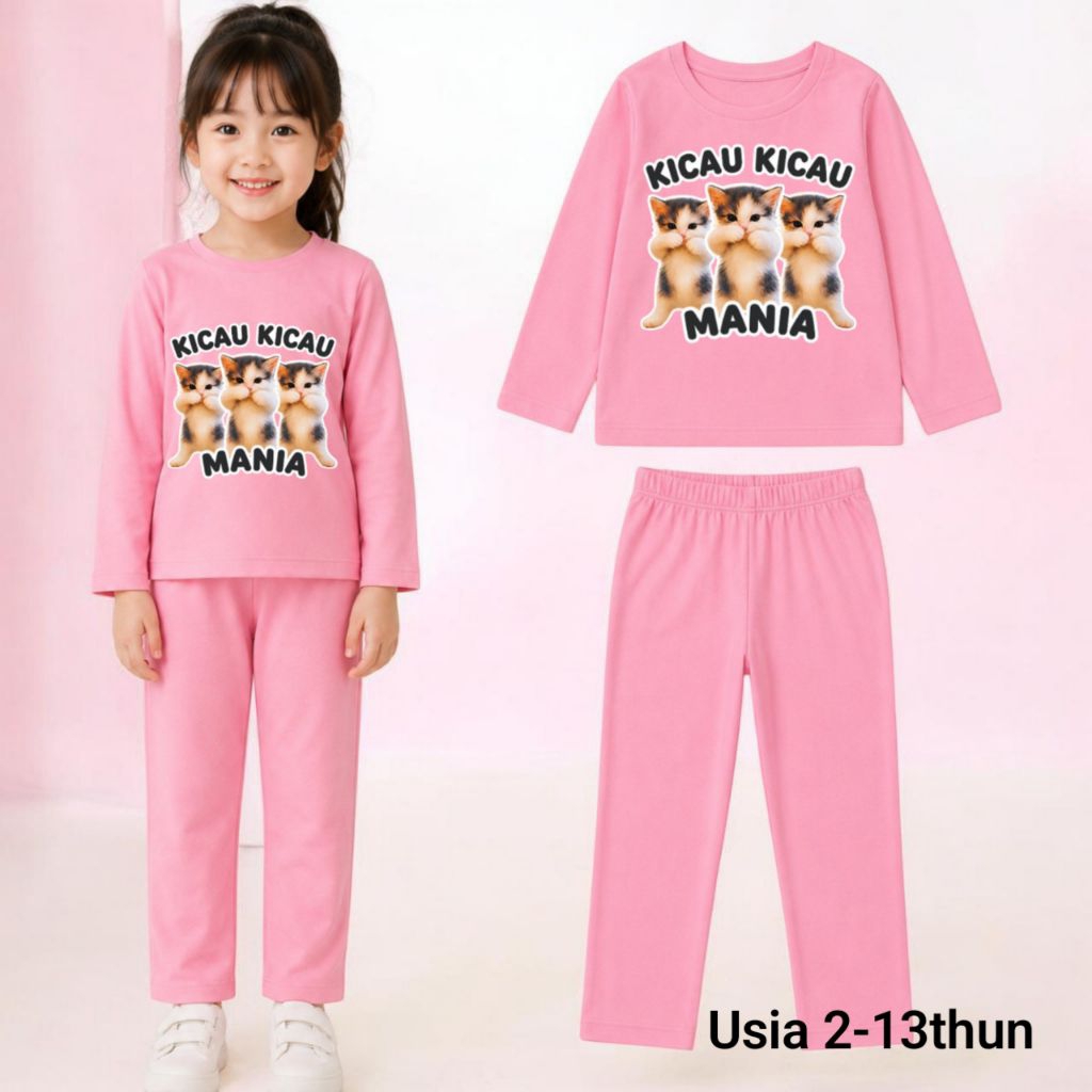 Setelan Anak Perempuan Kicau Mania Pink Lengan Panjang - Bahan Babyterry Adem & Nyaman Usia 2-13 Tah