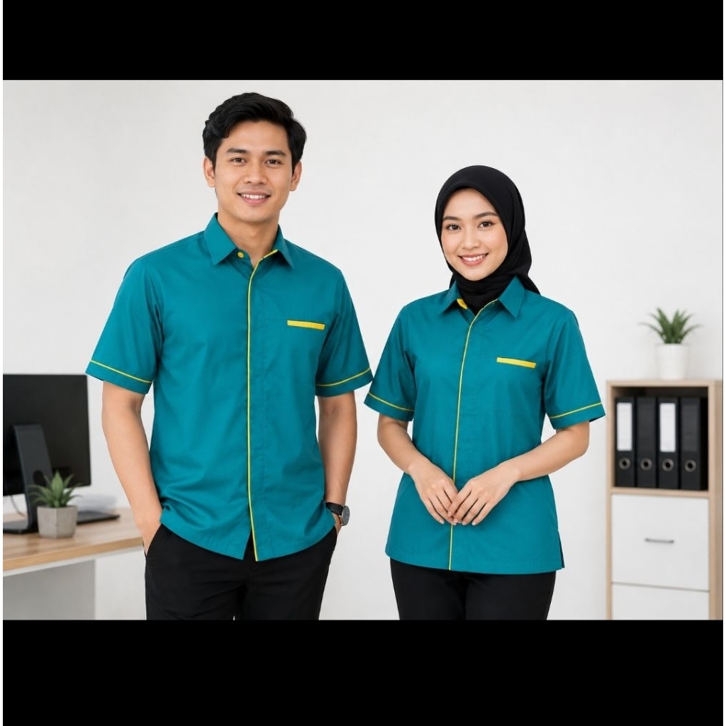 Kemeja Katun Drill Seragam Kerja Restoran Cafe Bengkel Lapangan Unisex Pria Wanita tosca lis kuning 