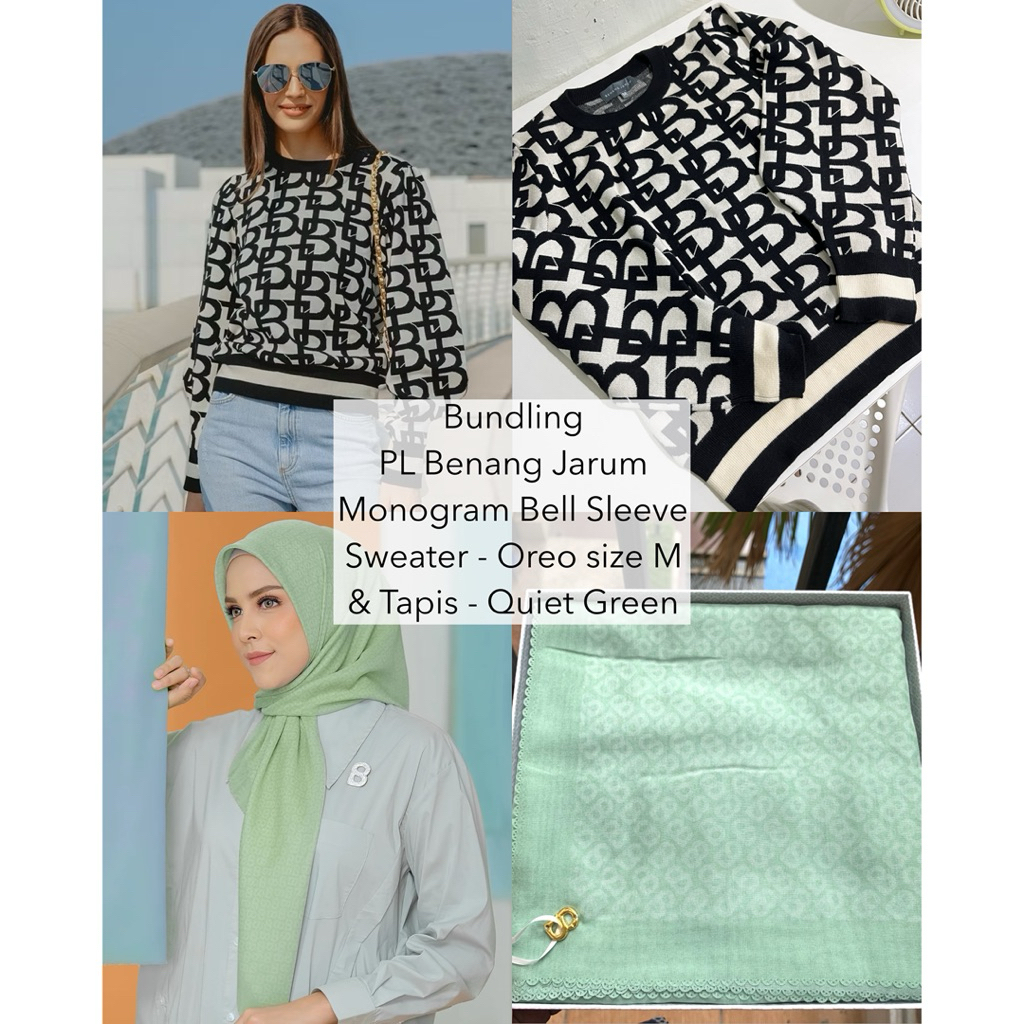 PL BJ Benang Jarum Monogram Bell Sleeve Sweater Oreo Size M bundling Buttonscarves Tapis Quiet Green