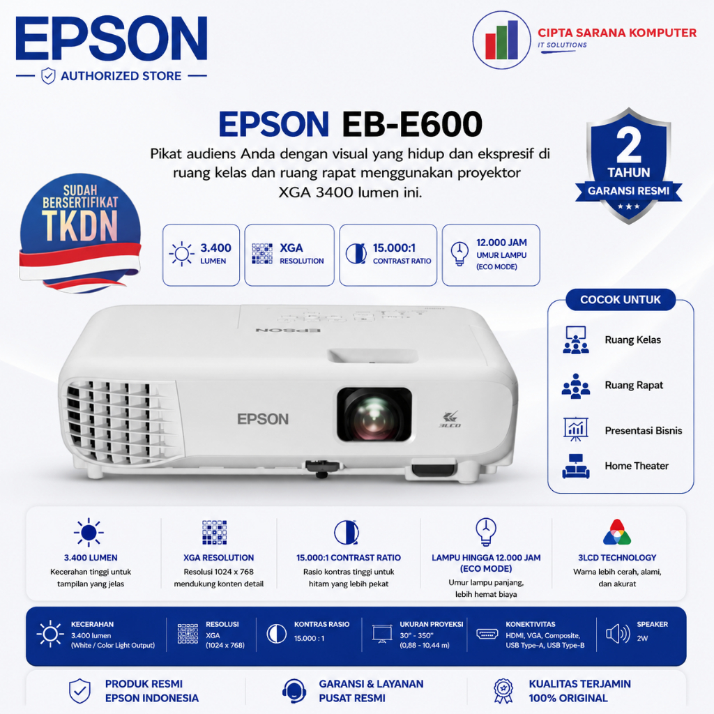 EPSON PROYEKTOR TKDN EB-E600 EB E600 EBE600 - EPSON PROJECTOR EB-E600