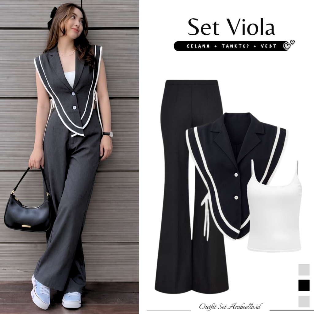 Setelan Wanita Viola Kekinian 3in1 | Vest Elisse + Tanktop Tali + Celana Cutbray | One Set Korean St
