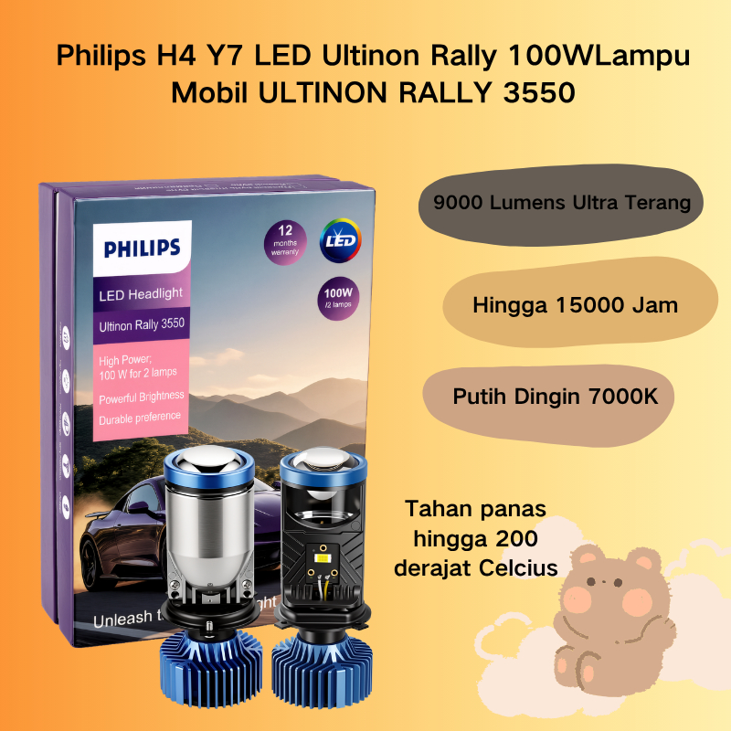 Philips Ultinon Rally 3550 Lampu LED Mobil H4 Y7 100W 9000 Lumens Putih Dingin