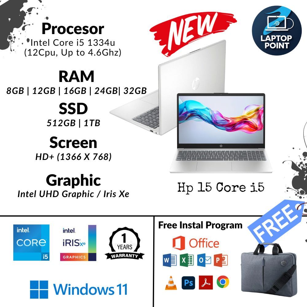 Laptop Baru Hp 15 Core i5 gen 13 , Gen 14 Varian Touchscreen & FingerPrint RAM 32/1TB