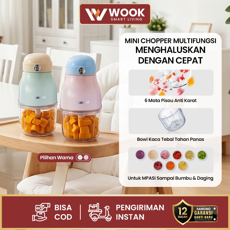SAMONO Mini Chopper Multifungsi Penggiling Bumbu Daging Makanan Bayi 300ml 6 Mata Pisau Stainless 3 