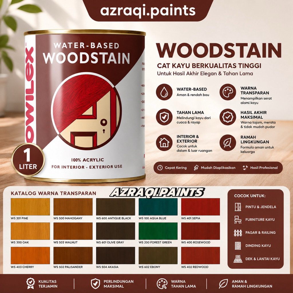 MOWILEX WOODSTAIN WATERBASED ( 1 LITER )  PLITUR CAT KAYU WATER BASED