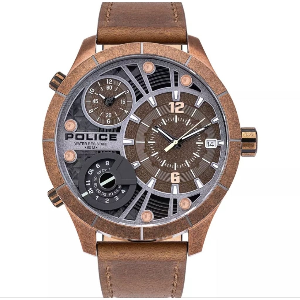 Jam Tangan Pria Police PL.15662XSQR/12 Quartz Triple Time Brown Leather Strap