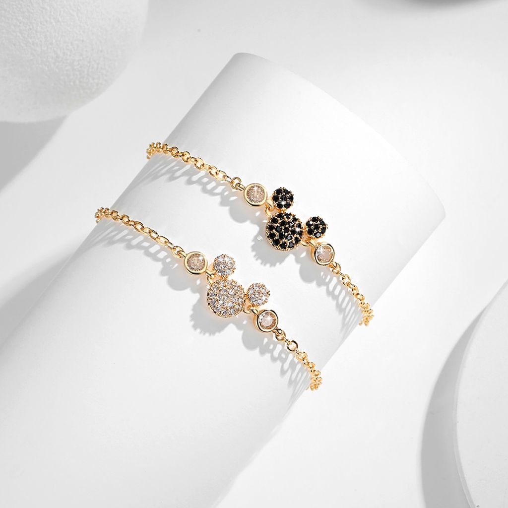 Lanme Jewelry Gelang Rantai Gemoy Aksesori Wanita Dewasa Mickey Mouse Kristal Baja Tahan Karat Anti 