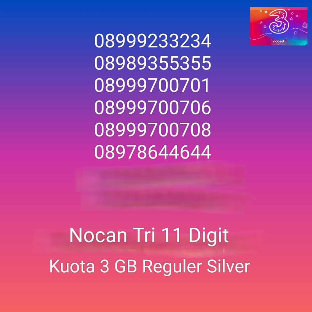 NOCAN Nomor Cantik 11 Digit ABBABB Kartu Perdana 3 Tri Three 4G LTE Kuota 3GB REGULER Silver