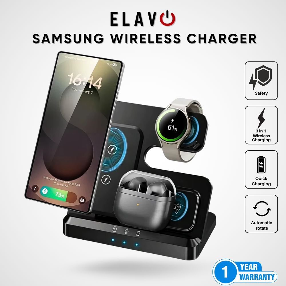 FAST WIRELESS Charging 3 in 1 Charger ELAVO SAMSUNG Galaxy Watch 5 4 3 2 Classic S22 S23 Ultra S21 S