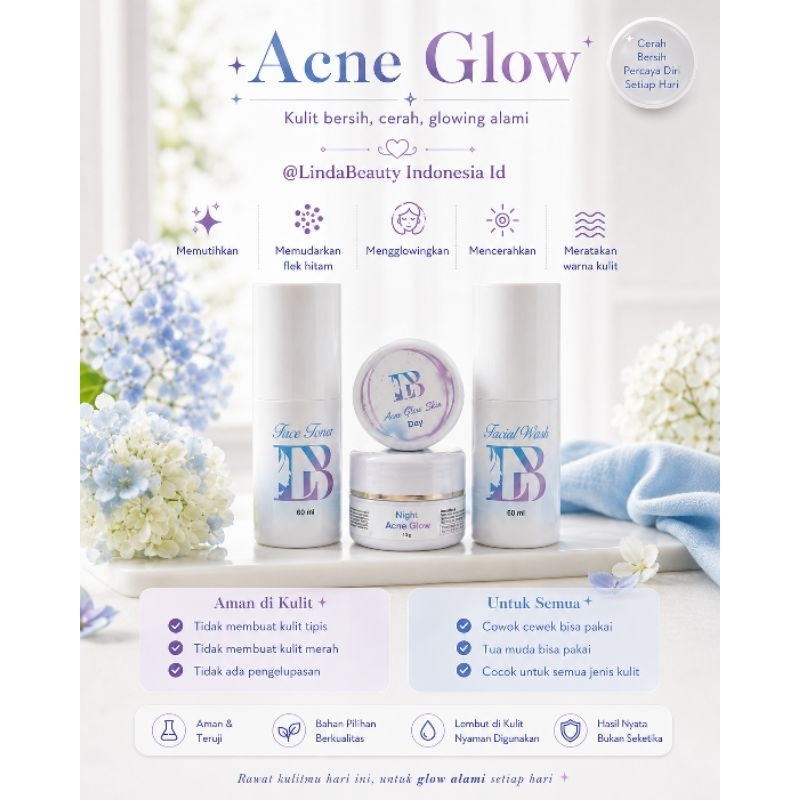 LindaBeauty Acne Glow Skincare LB Paket Lengkap 10 Gram Crem Siang & Malam 60ml Toner Sabun Meredaka