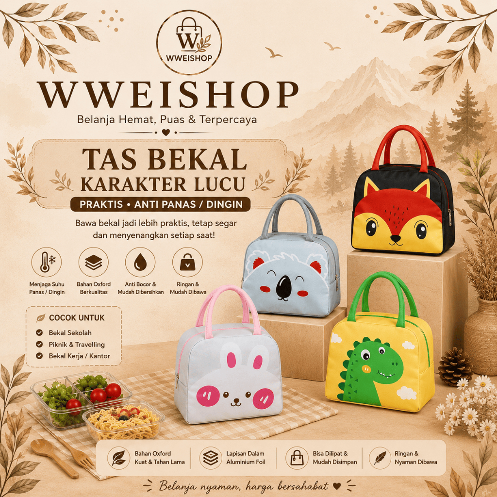 WweiShop Lunch Box Anak Karakter - Tas Bekal Anak Cooler Bag Kotak Makan Sekolah Anti Panas/Dingin